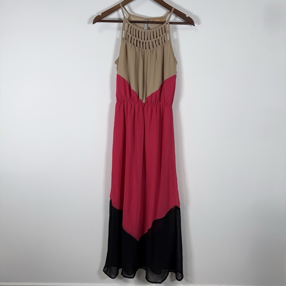 Takara Women's‎ Sleeveless Dress Maxi Halter Black Tan Pink Size Small